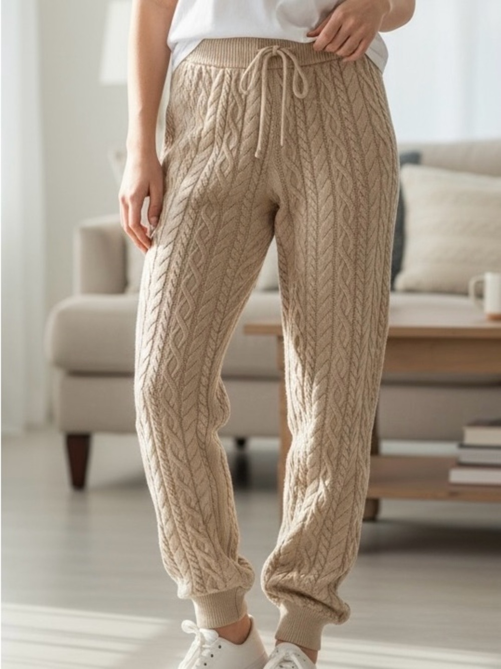 Reformation Cable Knit Drawstring Joggers in Beige size L